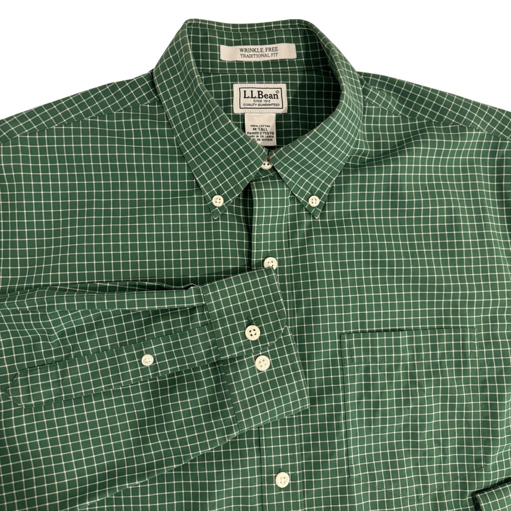 L.L. Bean Windowpane Button Down Shirt Mens M Tall Green Check Wrinkle Free